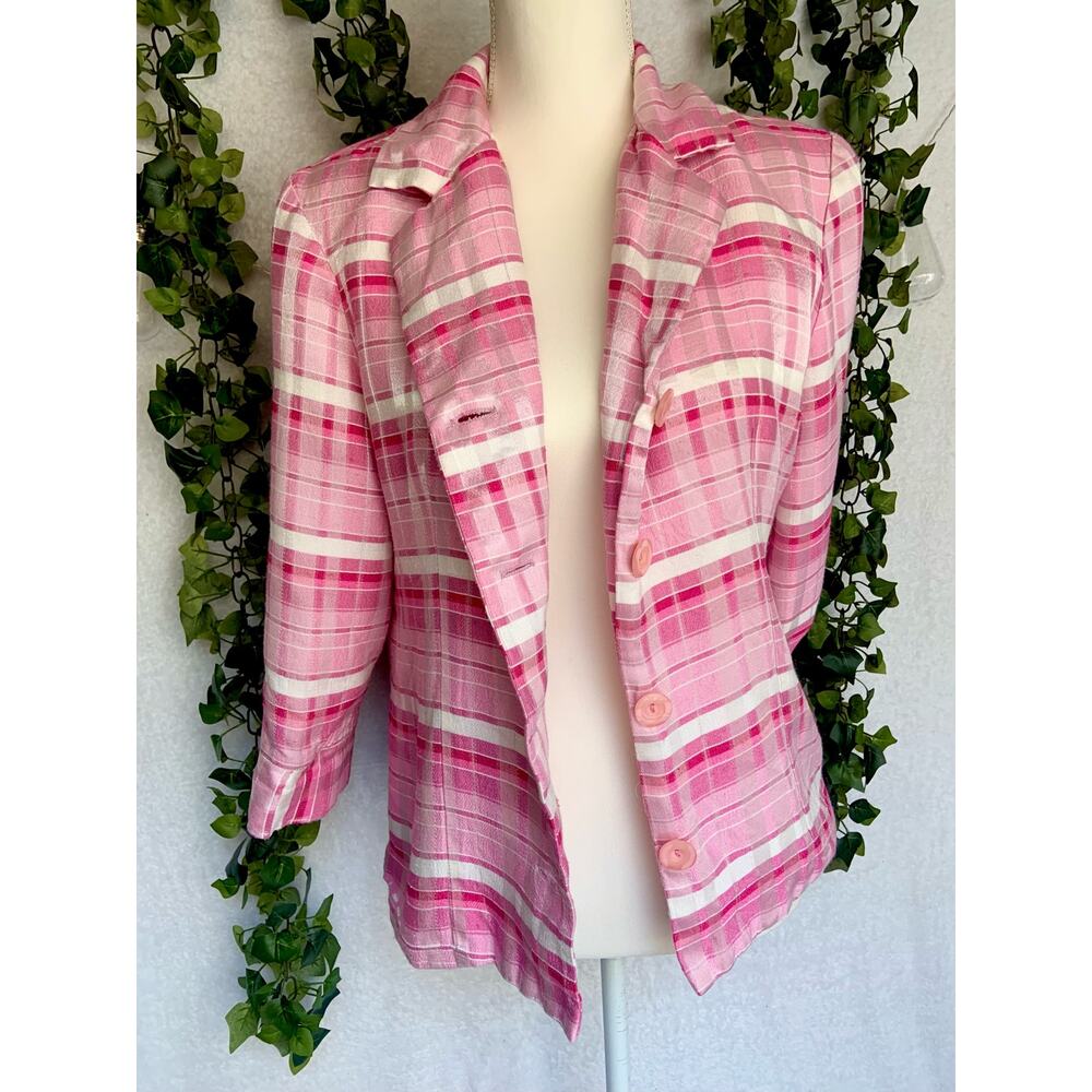 Vintage First Option USA Made Pink White Plaid 3/4 Sleeve Blazer Jacket Medium